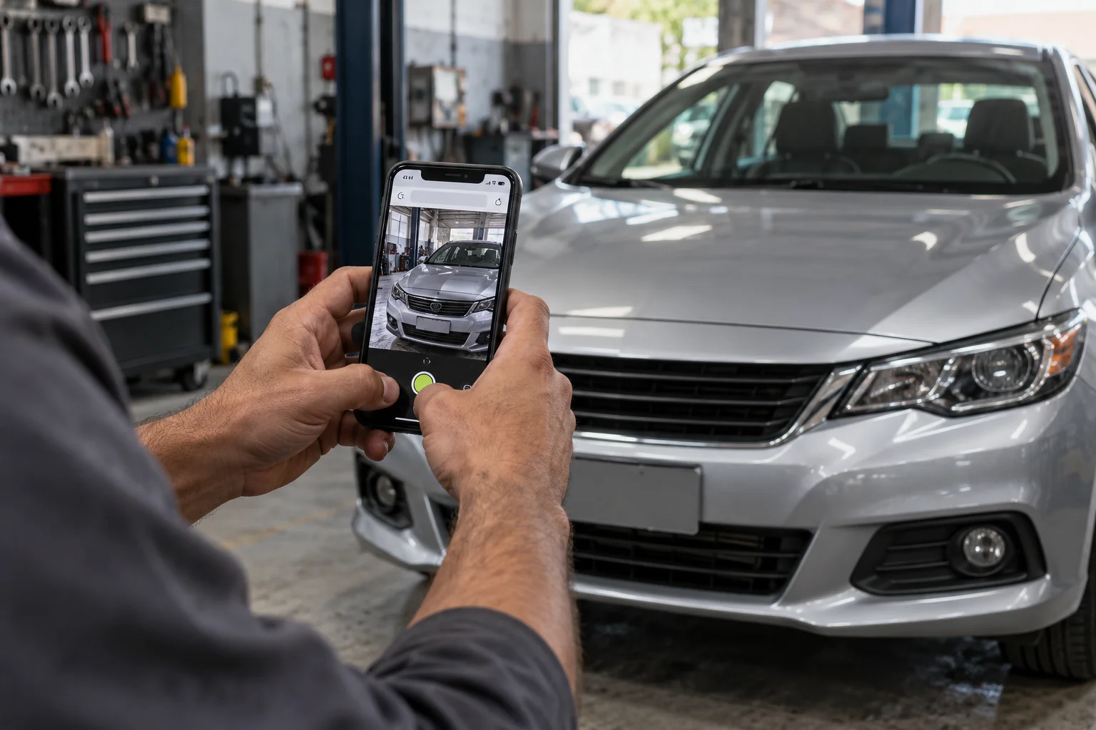 Mecânico realizando checklist fotográfico de entrada do veículo na oficina mecânica